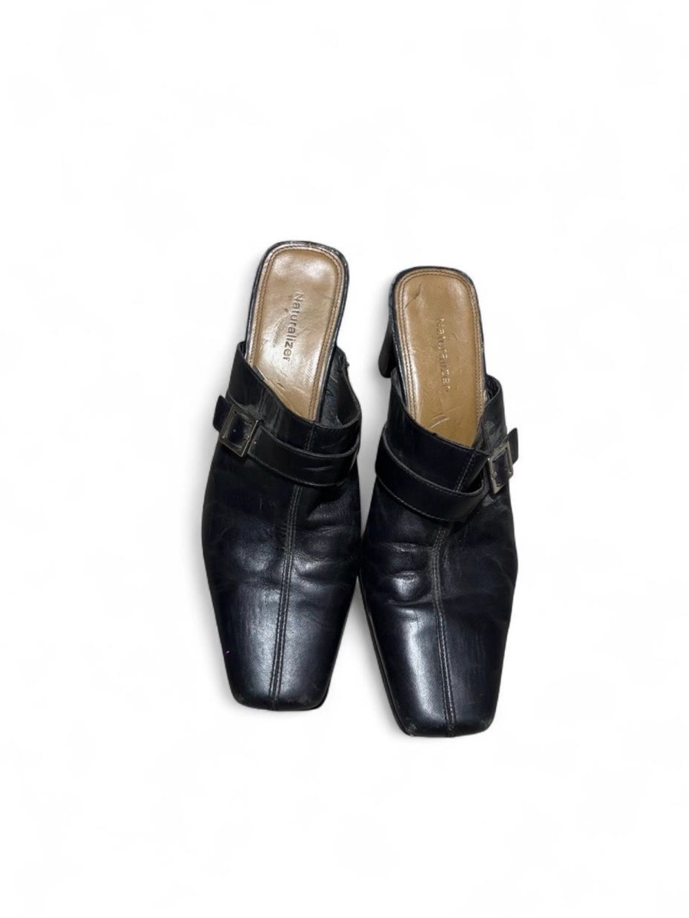 size 8 black naturalizer leather mules with buckle detail #mules #buckle